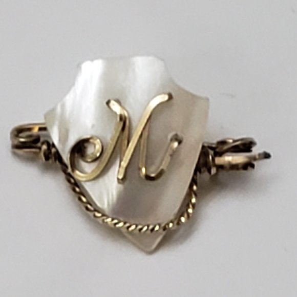 Antique Genuine Solid 10k Yellow Gold Mother-of-Pearl "M" Brooch, 1880s
